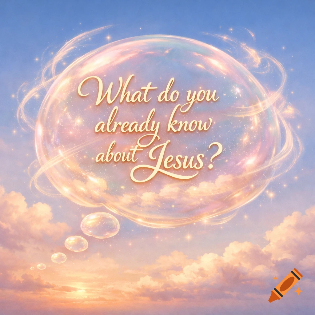 A glowing thought bubble with the question 'What do you already know about Jesus?' floats in a serene sky with fluffy clouds.