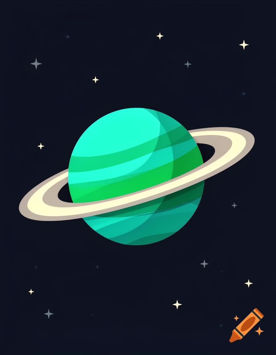 A stylized teal and green striped planet with a light ring system floats in dark outer space among white stars.