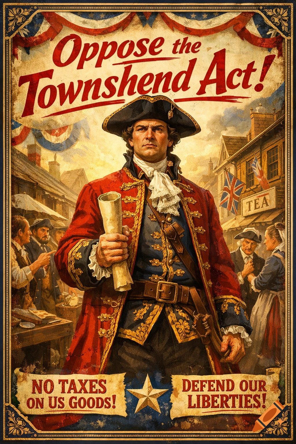 Vintage propaganda poster of a colonial man in a red coat, holding a scroll, with text "Oppose the Townshend Act!" and slogans.