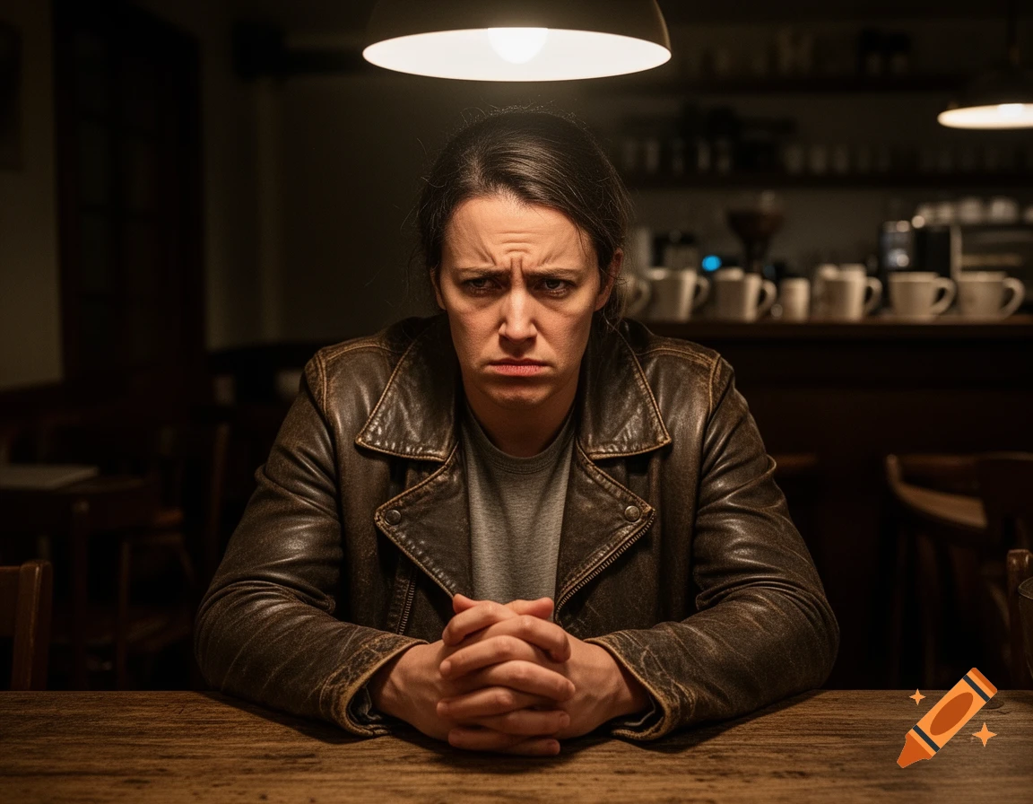 A woman with a bitter expression sits at a table in a dimly lit cafe, her hands clasped.