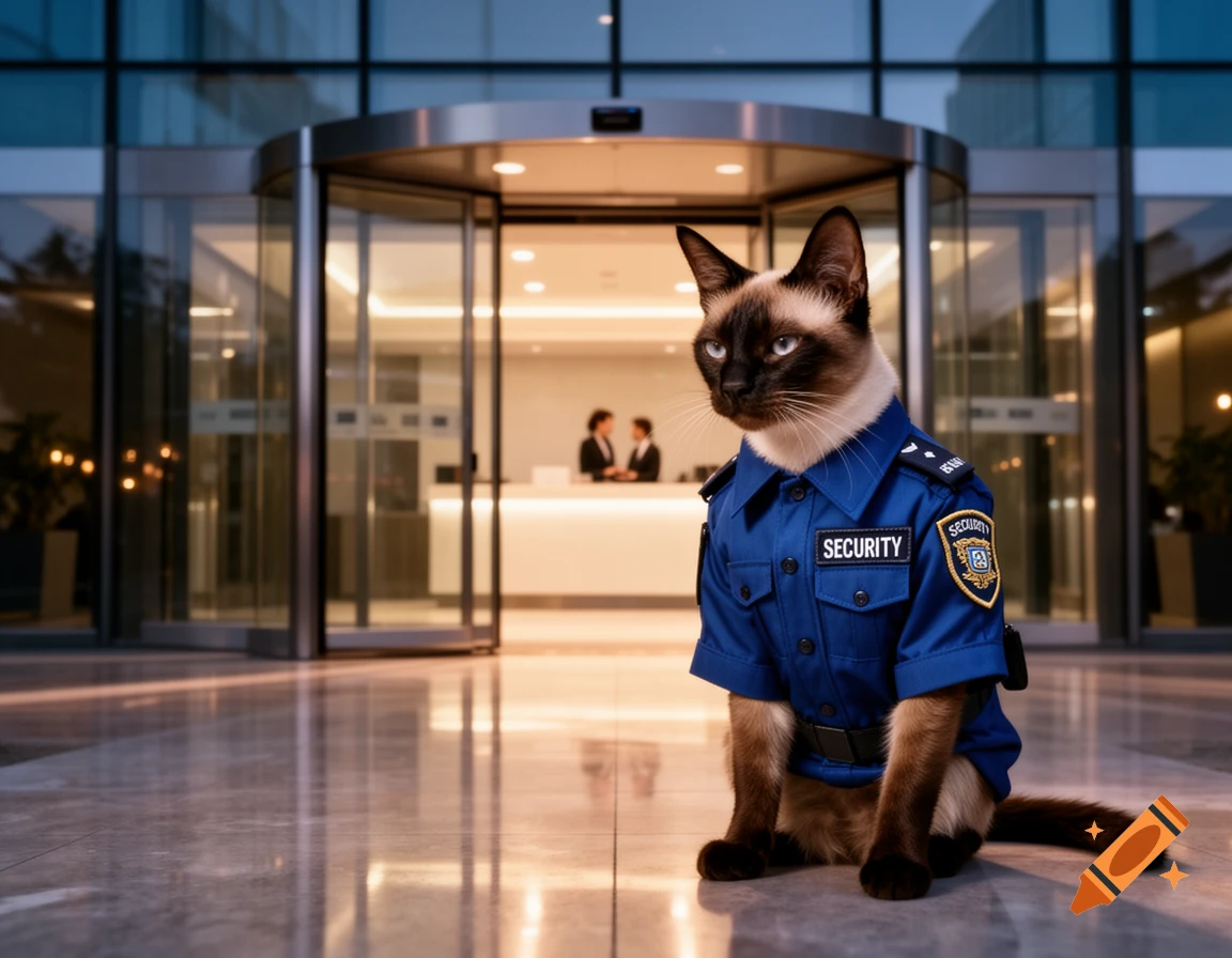 A Siamese cat wearing a blue security guard uniform sits in a modern building lobby with a revolving door behind it.