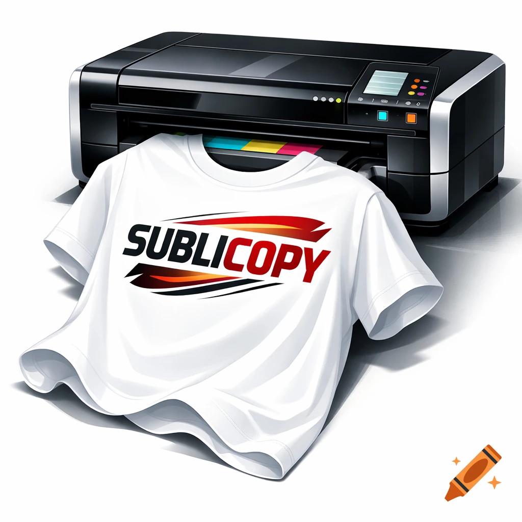A white t-shirt with a red and black "SUBLICOPY" logo emerges from a black printer in a stylized illustration.