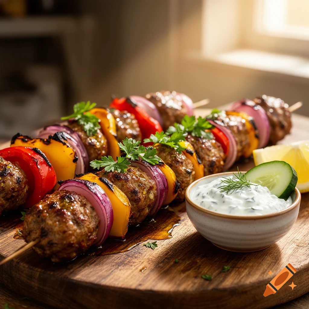 Grilled meat and vegetable kebabs with bell peppers, red onion, and parsley, served on a wooden board with tzatziki, cucumber, and lemon.