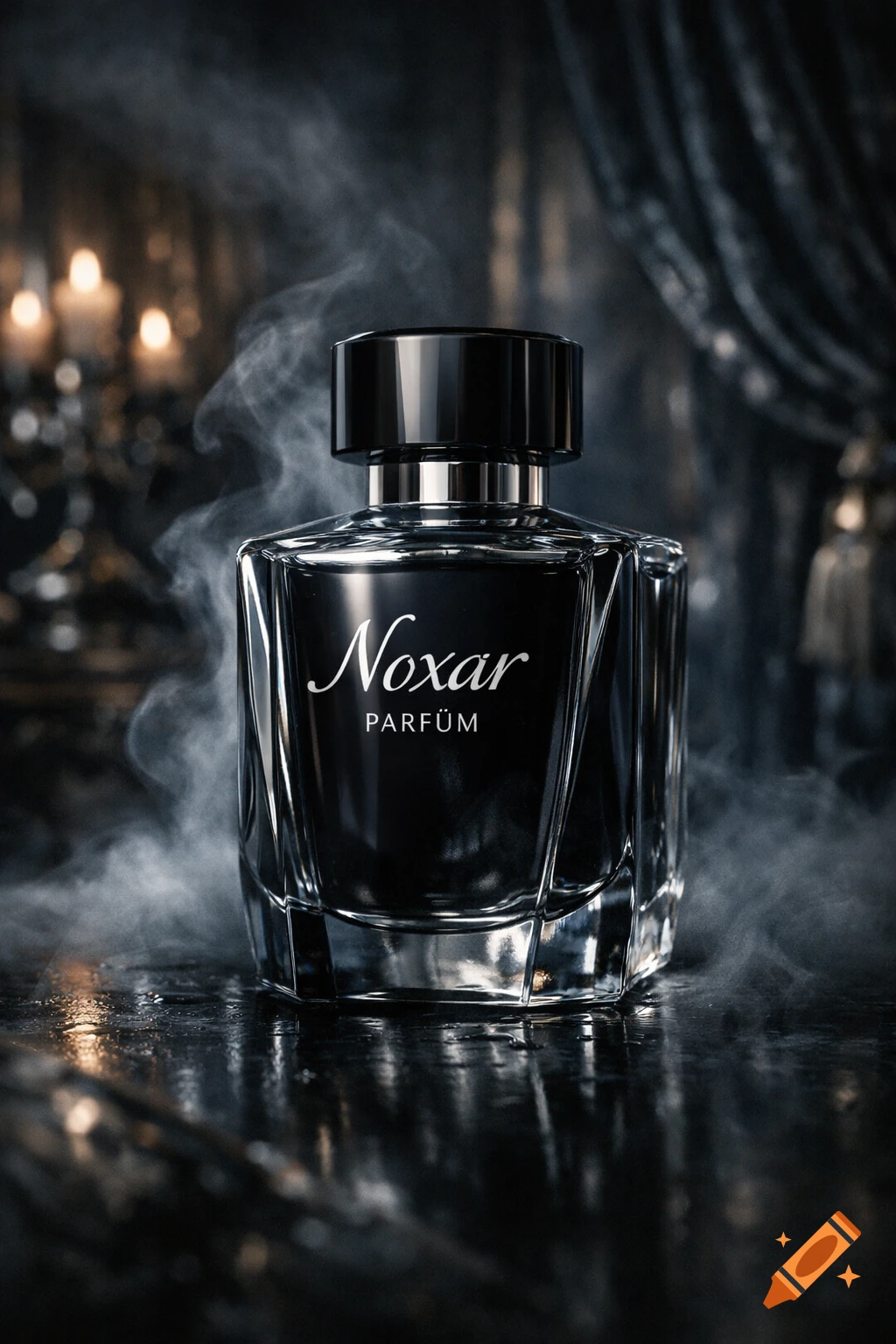 A dark, moody close-up of a Noxar perfume bottle with smoke, set in a dimly lit, opulent room with candles.