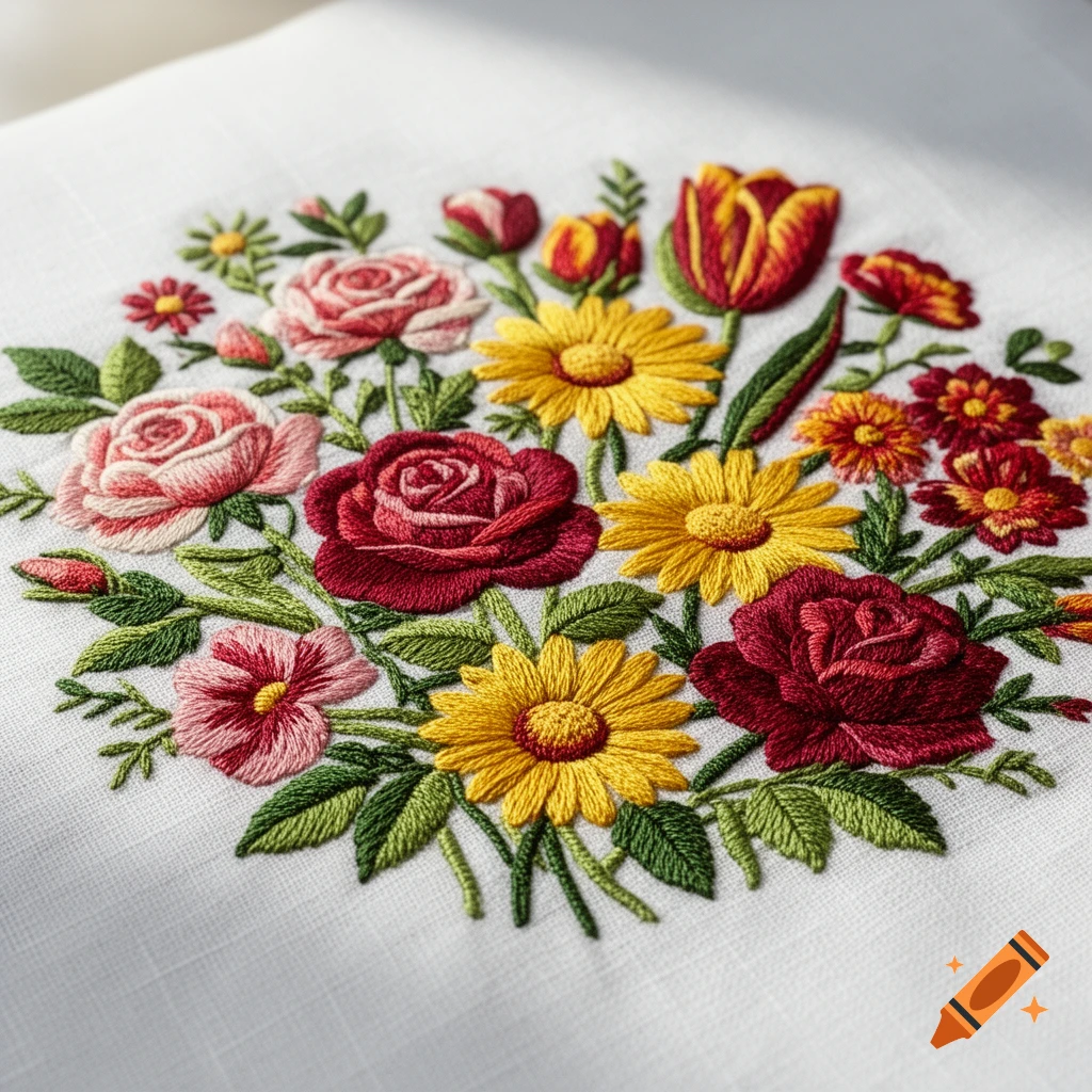 A vibrant bouquet of embroidered roses, sunflowers, and tulips on white fabric.