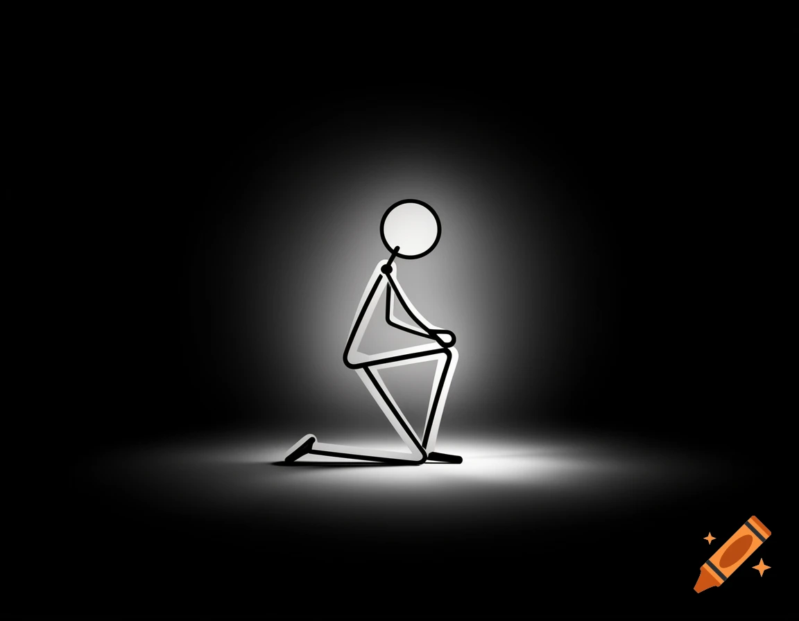 A white stick figure kneels on one knee in a spotlight on a dark, black background.