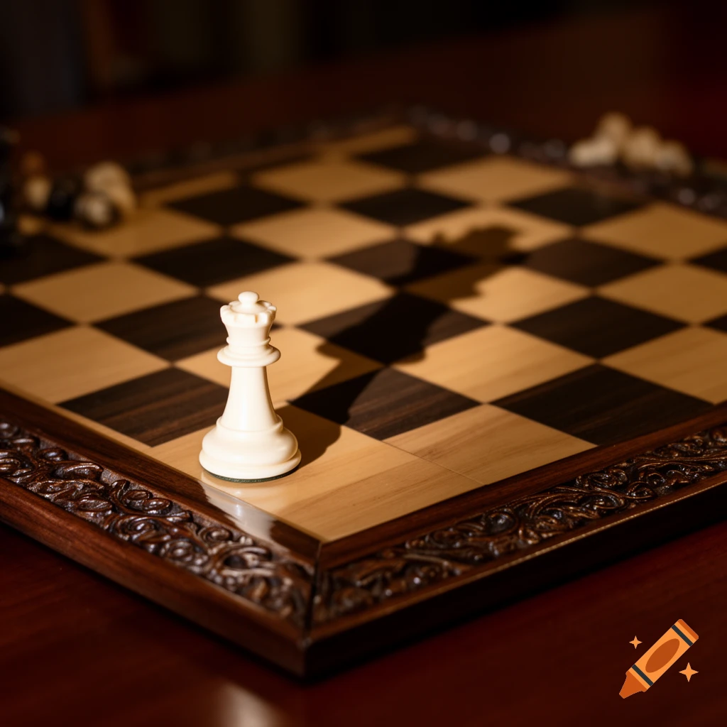 A white chess queen stands on a wooden chessboard, casting a shadow of a king, with other pieces out of focus in the background.