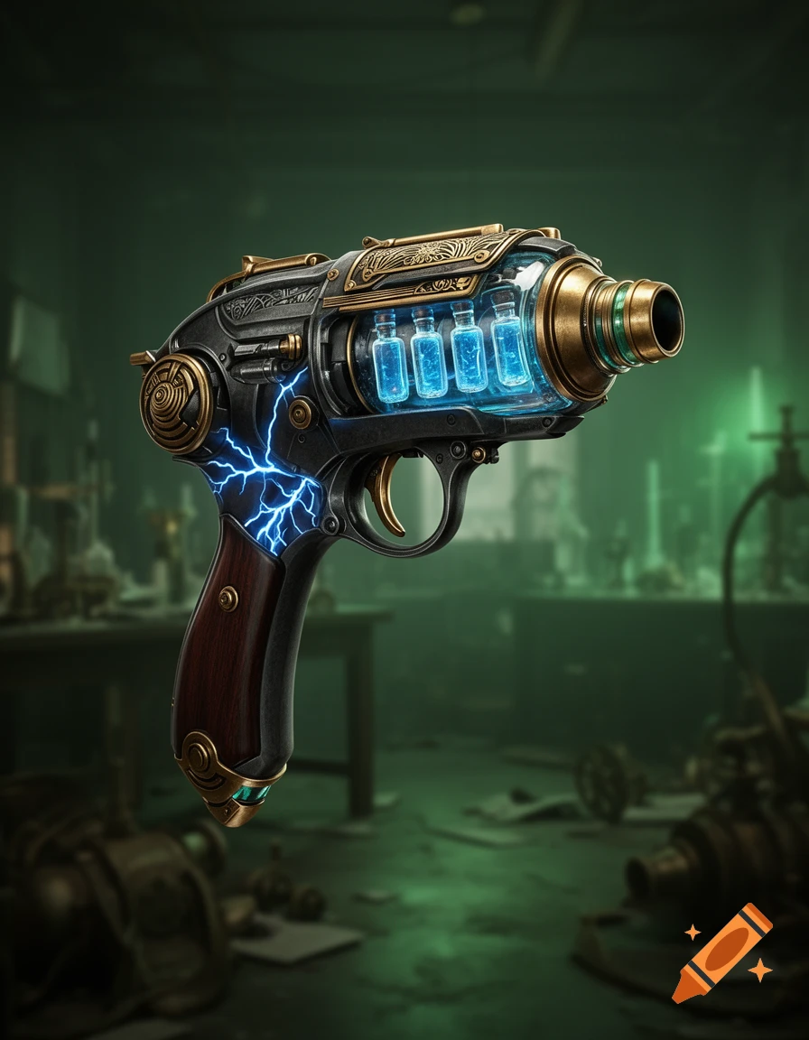 A detailed steampunk pistol with glowing blue vials, electric arcs, and brass accents, set in a dark, blurry lab.