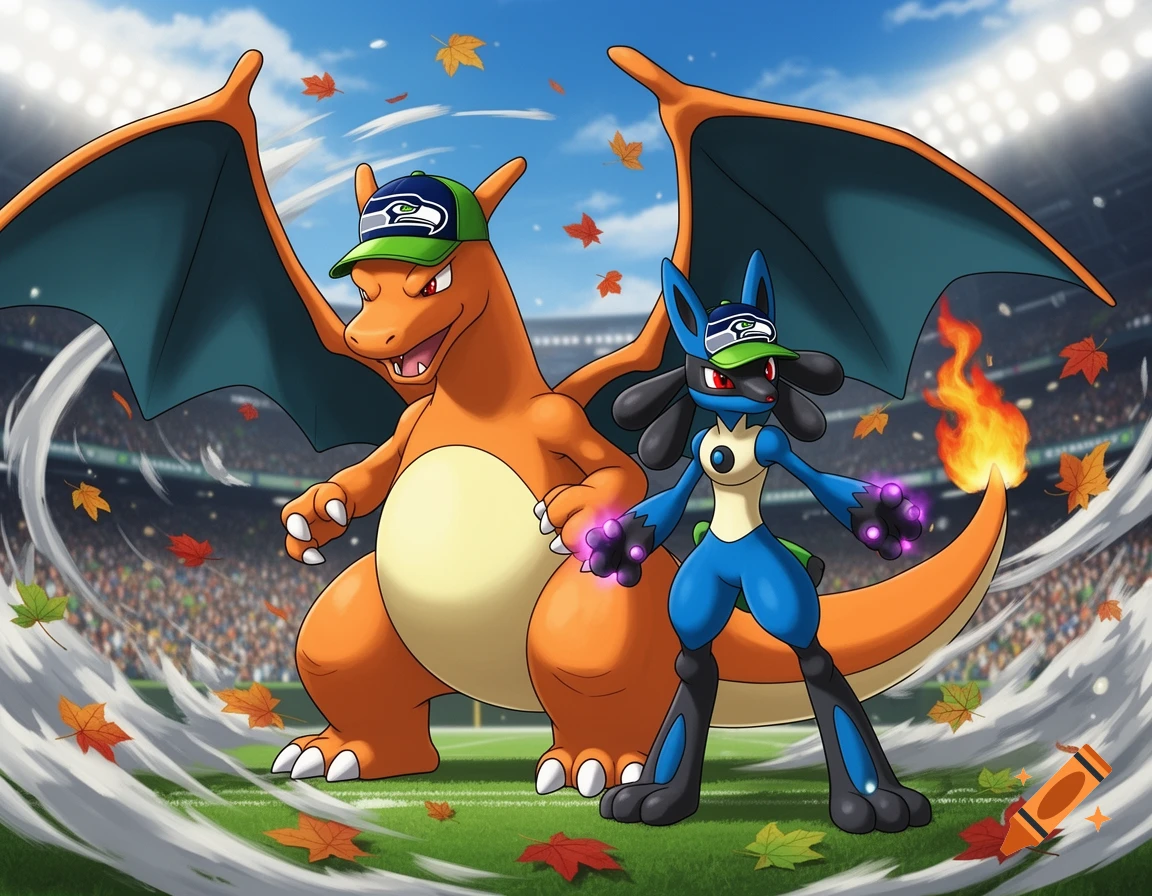 Charizard and Lucario, both wearing Seattle Seahawks baseball caps, stand on a football field in a stadium with autumn leaves falling.
