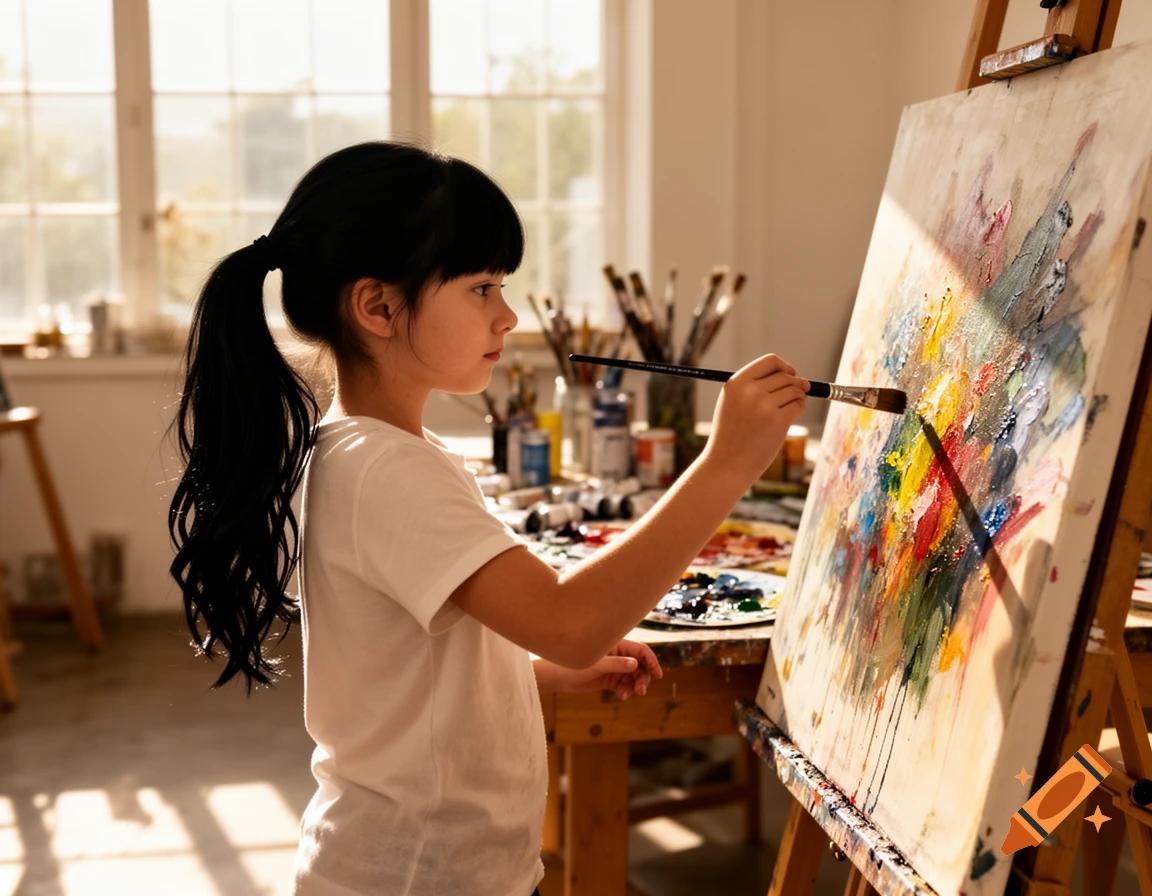 A young girl with dark hair in a ponytail paints a vibrant, abstract artwork on an easel in a sunlit studio.