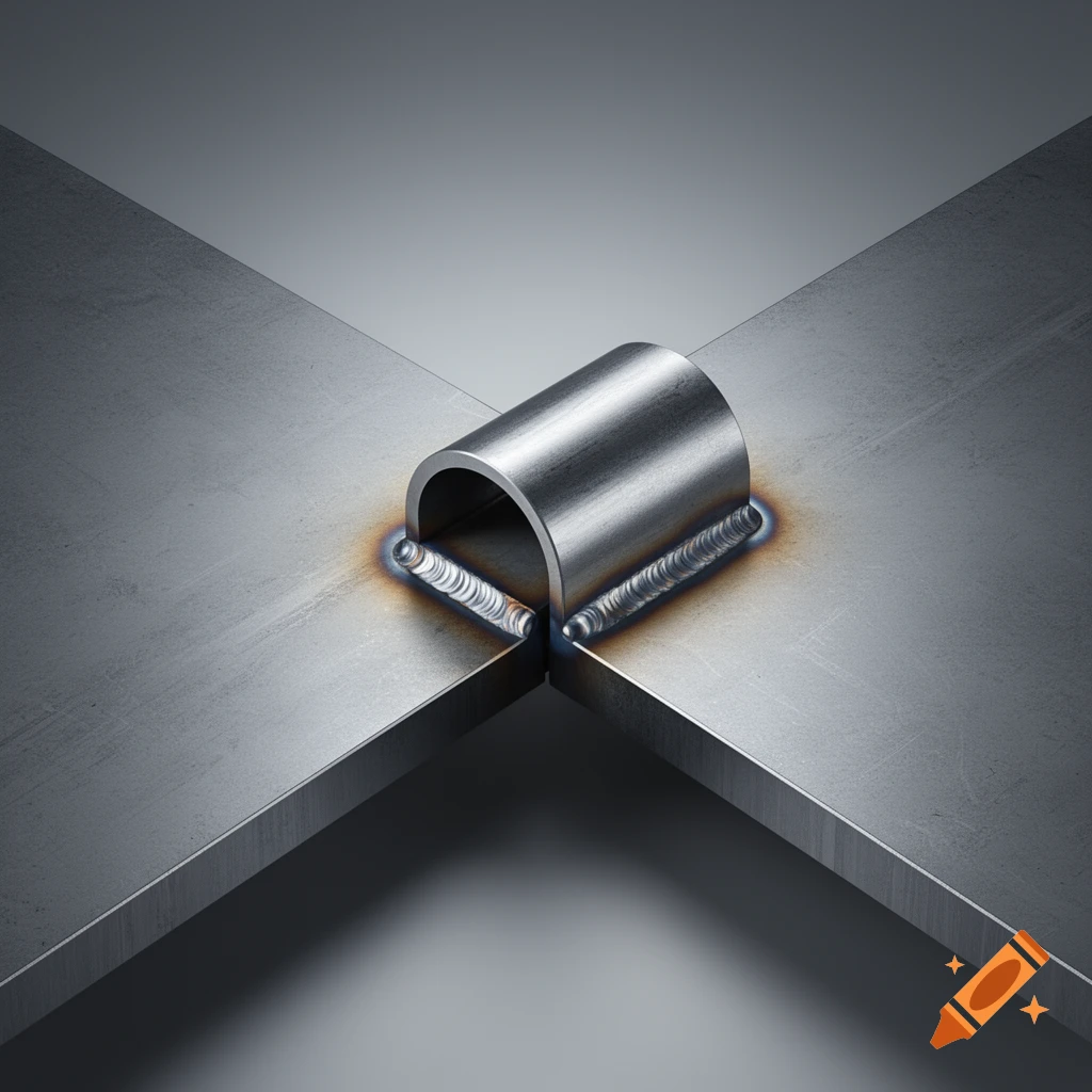 Close-up of two steel sheets welded at a ninety-degree joint with a half-pipe, showing detailed welds and metallic textures.