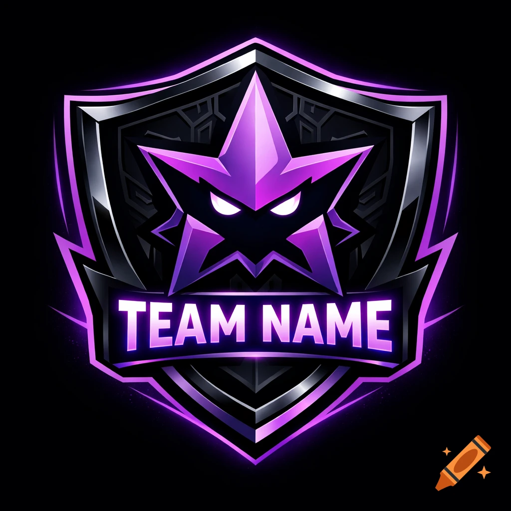 A bold esports logo featuring a glowing purple star with white eyes set within a black metallic shield, with "TEAM NAME" in glowing letters below.