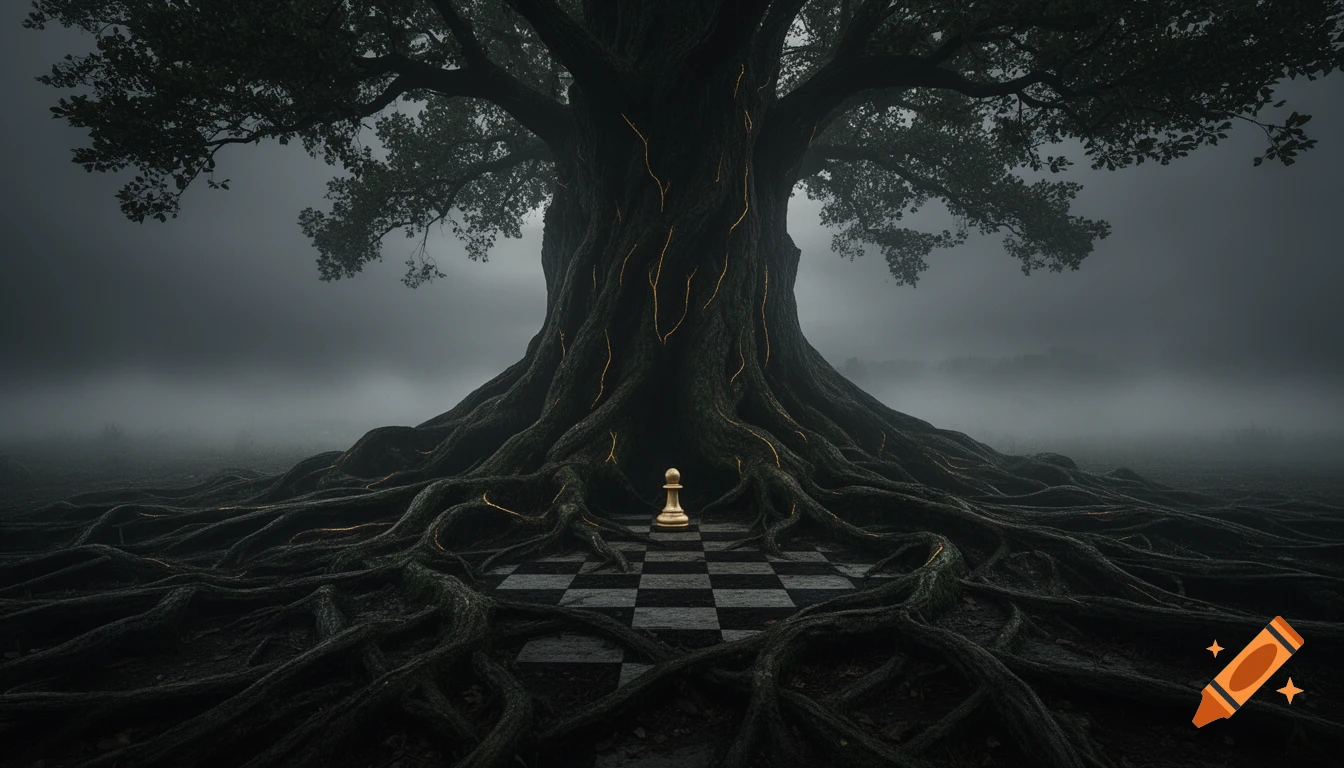 A massive, ancient tree with exposed glowing roots forming a chessboard pattern, a golden pawn stands centrally in a dark, foggy fantasy landscape.