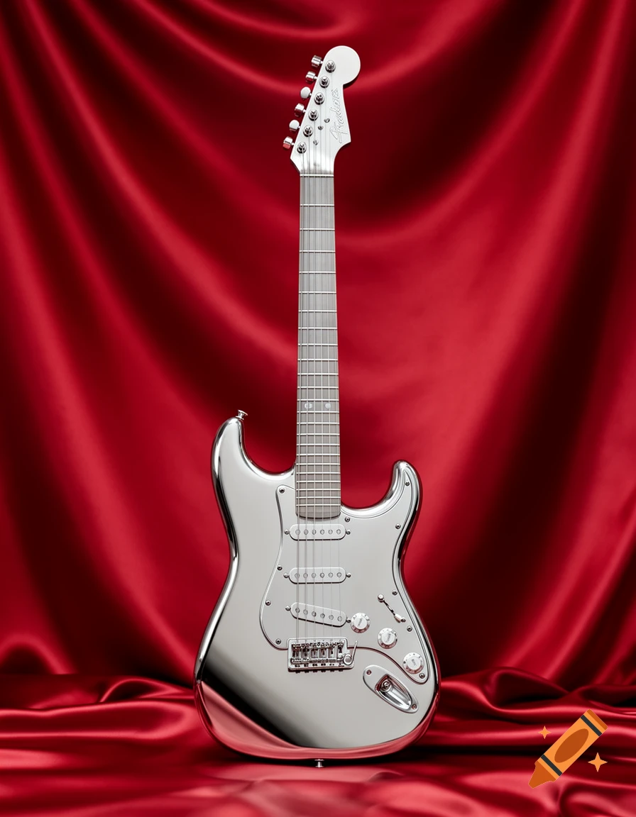 A chrome Fender Stratocaster electric guitar with no fret markers stands vertically against a draped red silk background.
