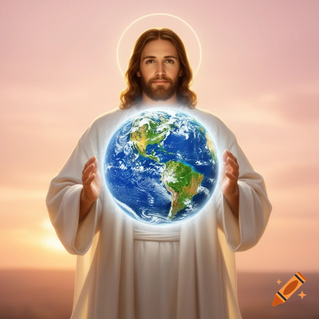 Photorealistic image of Jesus with a halo, wearing a white robe, holding a glowing Earth against a soft sunrise sky.