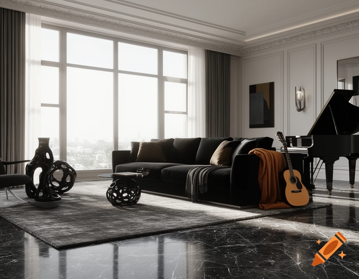 Photorealistic interior design of a luxurious living room with a dark sofa, grand piano, guitar, and unique black sculptures, next to a large window.