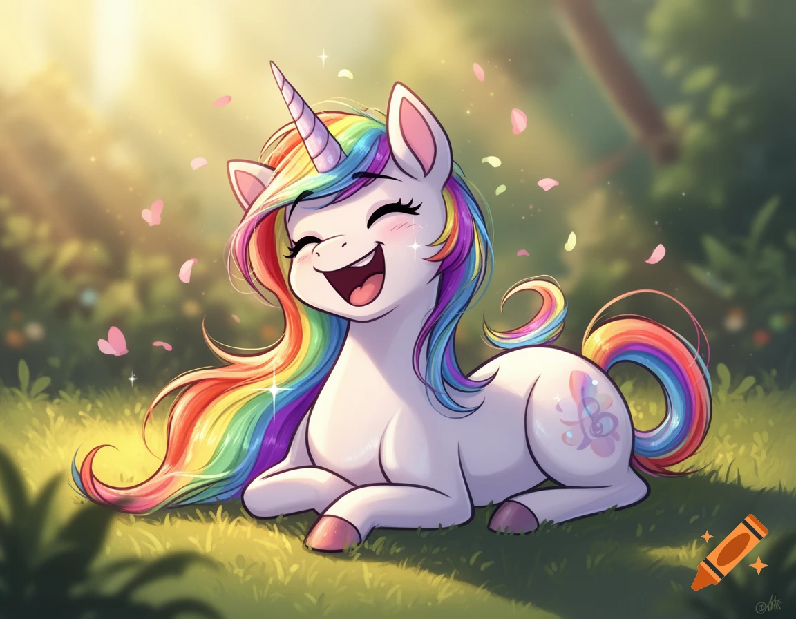 A cheerful cartoon unicorn with a rainbow mane and tail lies on green grass, smiling brightly in a sunny forest.