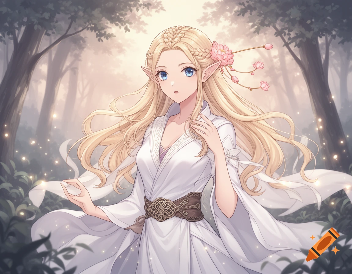Anime elf girl with long blonde hair, blue eyes, and a lotus hairpin, wearing white robes, stands in a misty magical forest.