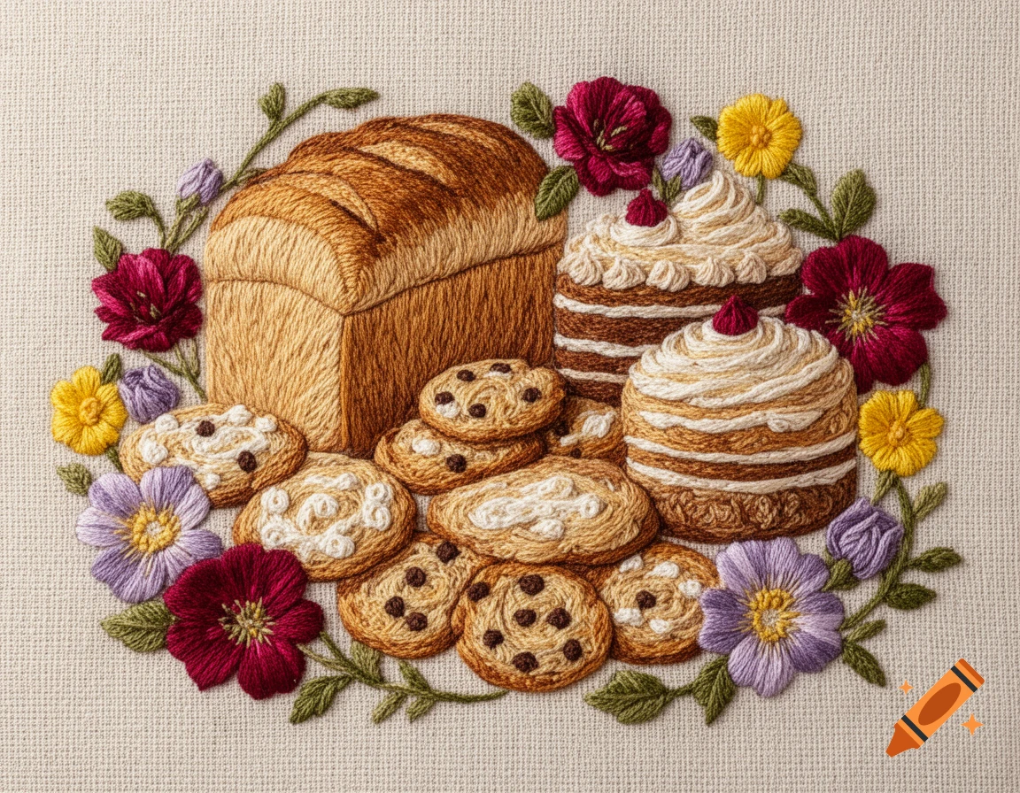 Embroidery of a loaf of bread, frosted cakes, and chocolate chip cookies surrounded by colorful flowers on a light fabric.