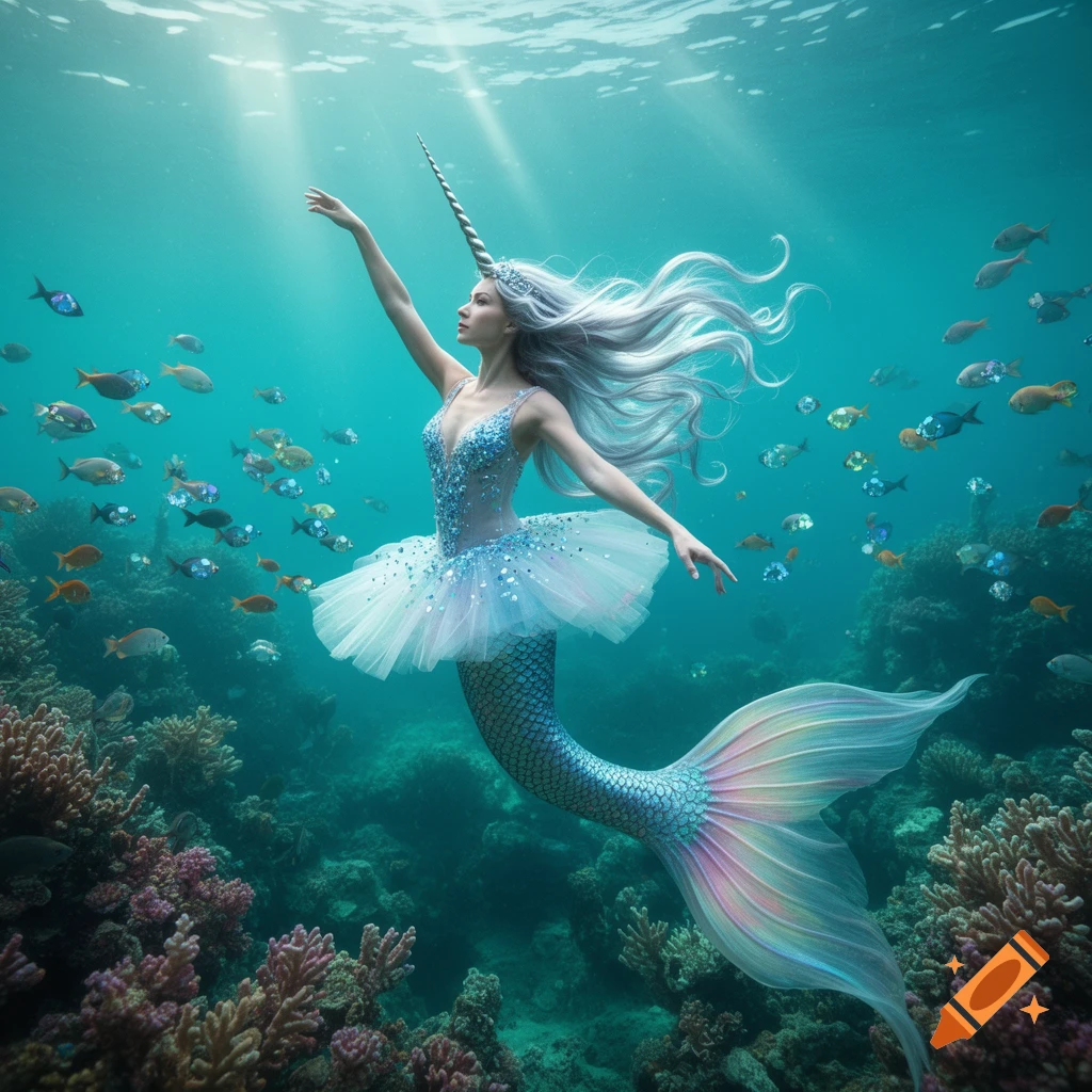 A graceful mermaid with a unicorn horn and flowing silver hair, wearing a shimmering blue ballerina top and tutu, swims amidst coral and fish.