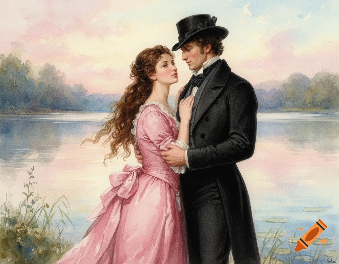 A couple in 19th-century attire embraces by a lake at sunset in a romantic watercolor painting.