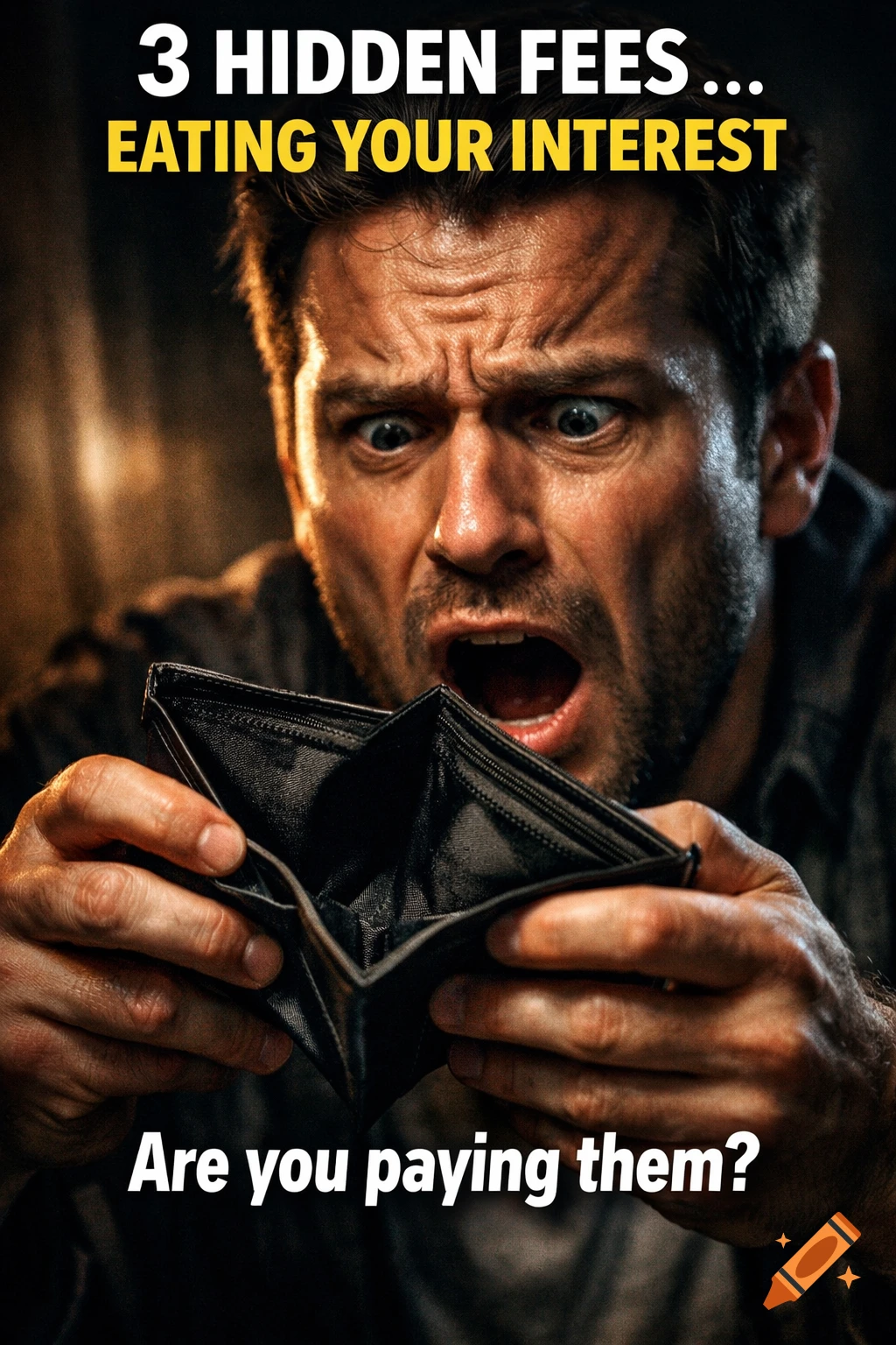 A stressed man with wide eyes and open mouth looks shocked while holding an empty wallet. Photorealistic image with text about hidden fees.