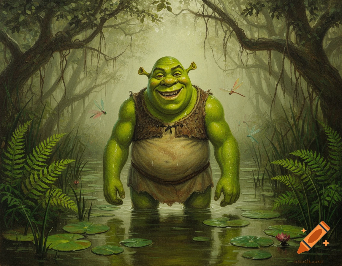 Oil painting of a smiling green ogre, Shrek, standing in a swamp filled with lily pads and dragonflies under dense trees.