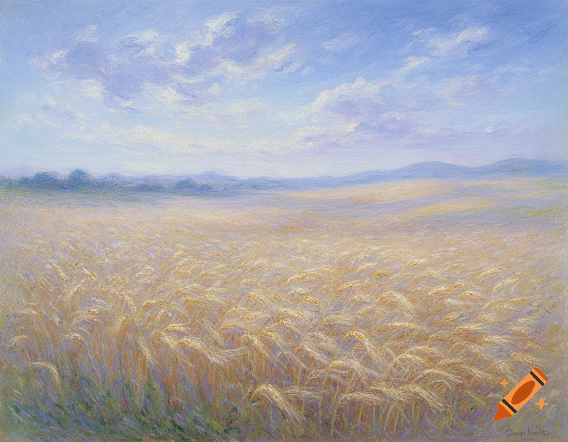 An impressionistic painting of a golden wheat field under a light blue sky with white clouds.