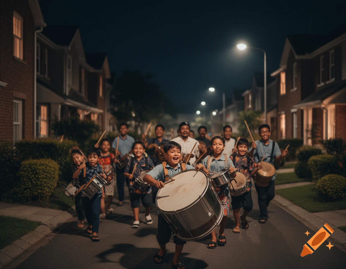 A group of children and adults happily playing drums while marching down a residential street at night, illuminated by streetlights.