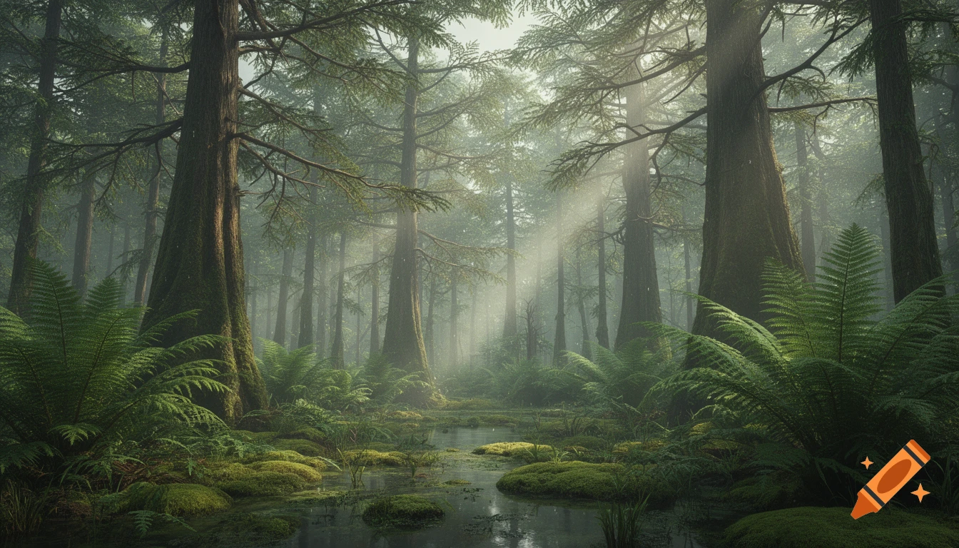 A misty, sunlit prehistoric forest with tall trees, giant ferns, and mossy swamp ground, with light rays piercing through the canopy.