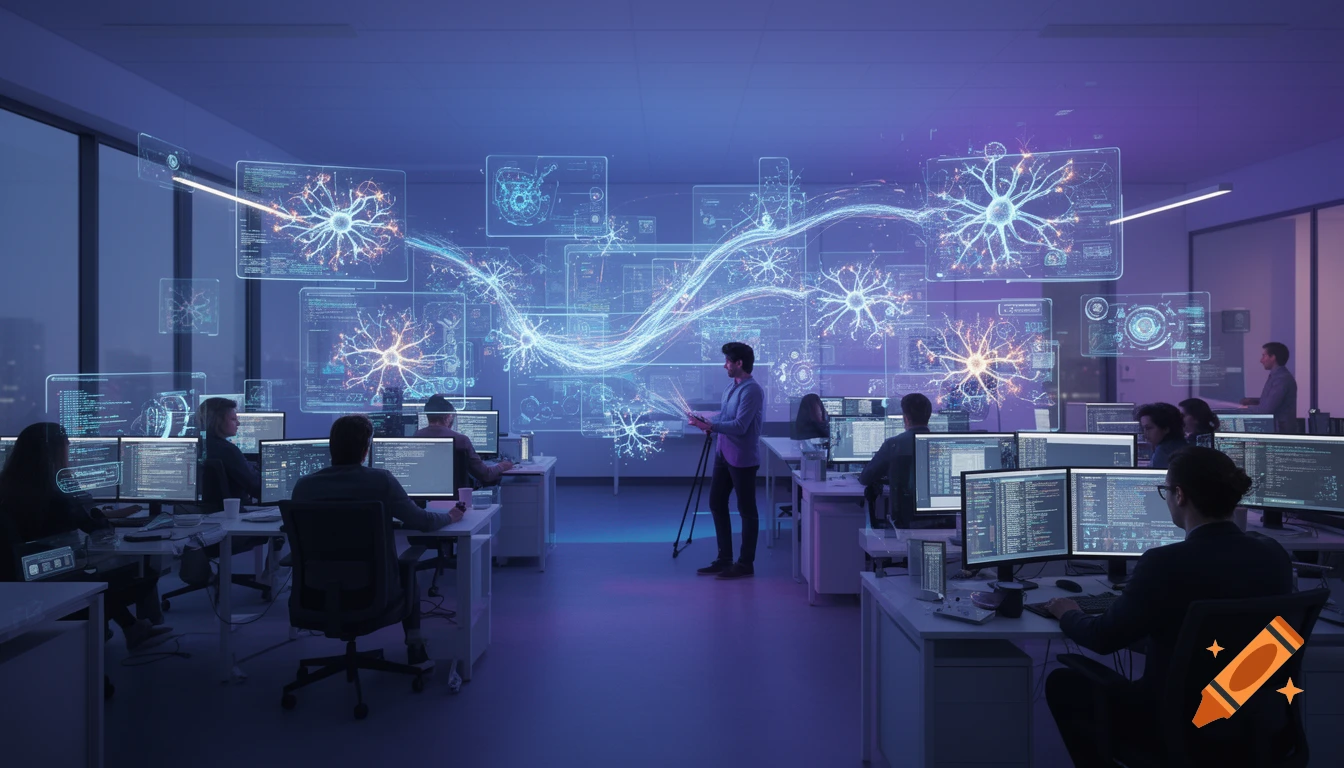 A futuristic office with people working on computers, surrounded by glowing blue and purple holographic neural networks and data interfaces.