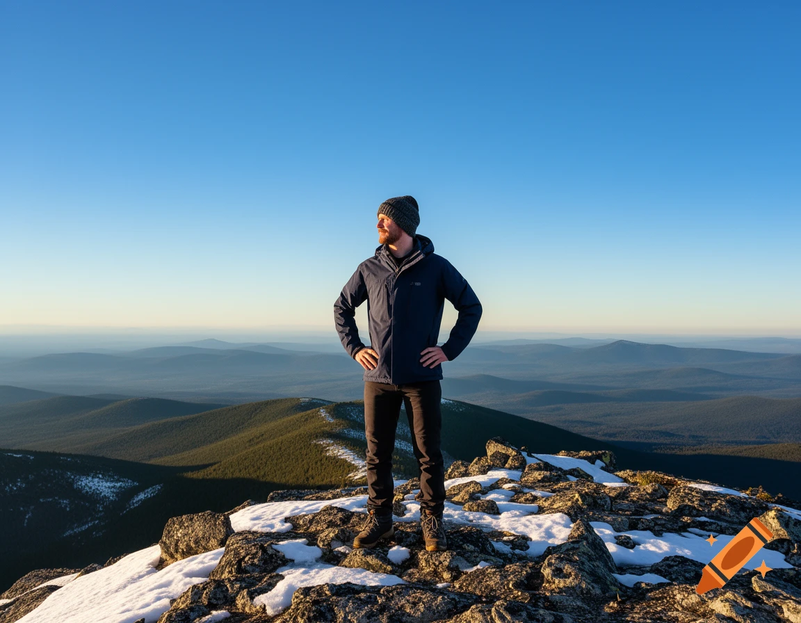 A man in a jacket and beanie stands on a rocky, snow-dusted mountain peak, overlooking a vast forested landscape under a clear blue sky.