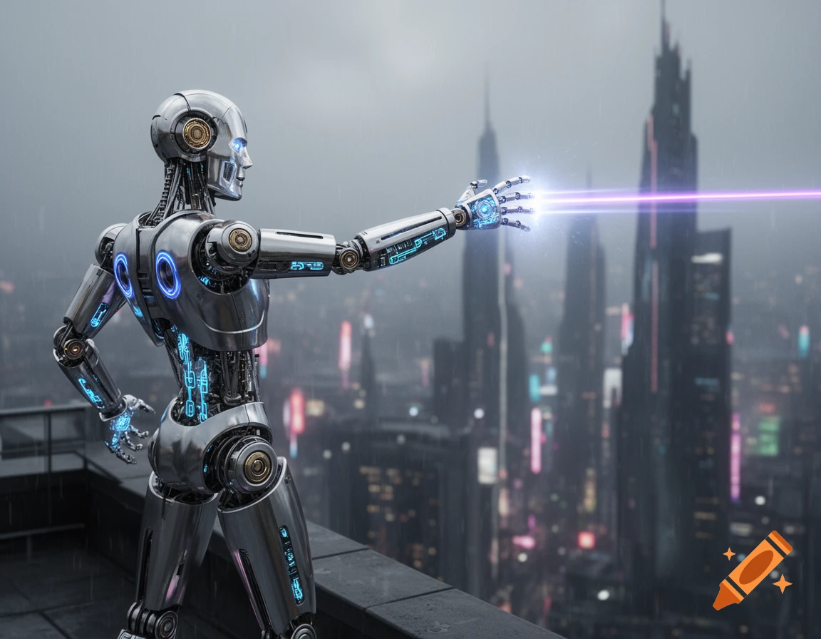 Photorealistic chrome robot with blue lights fires a purple laser from its hand, standing on a rooftop overlooking a futuristic city.