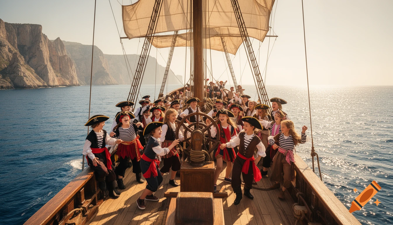 Happy children dressed as pirates play on a sailing ship on the open sea, with cliffs in the background.