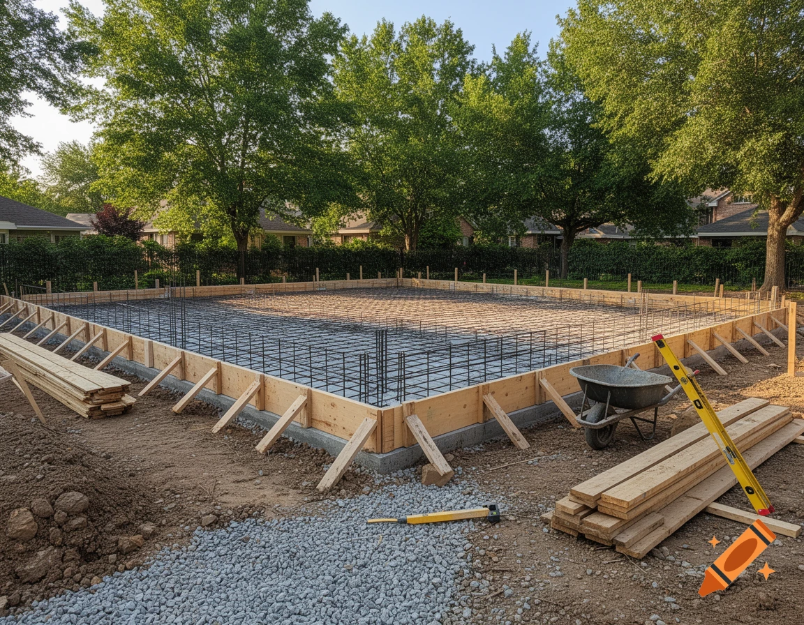 A construction site showing the concrete foundation of a house with rebar, wooden forms, gravel, and construction tools.