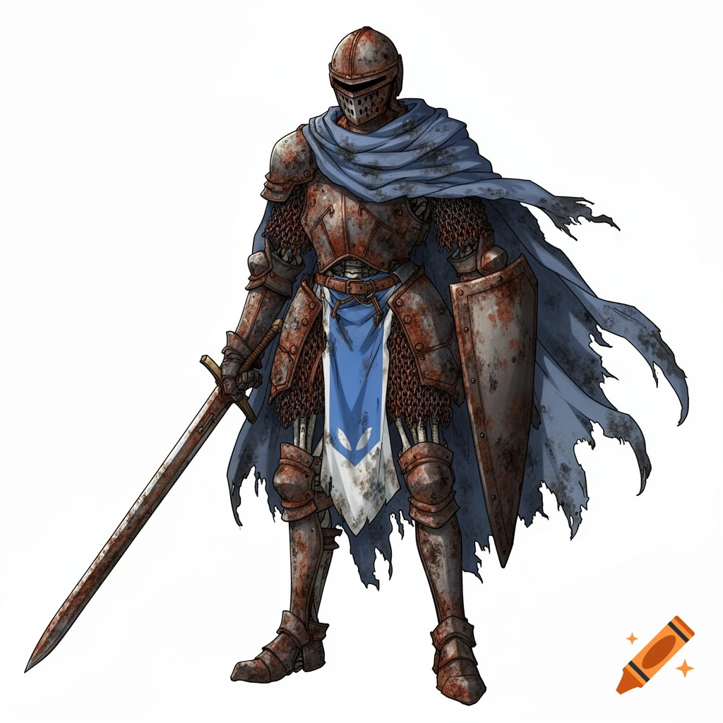 A full-body anime illustration of a rusty, skeletal knight in plate armor, holding a sword and shield on a white background.