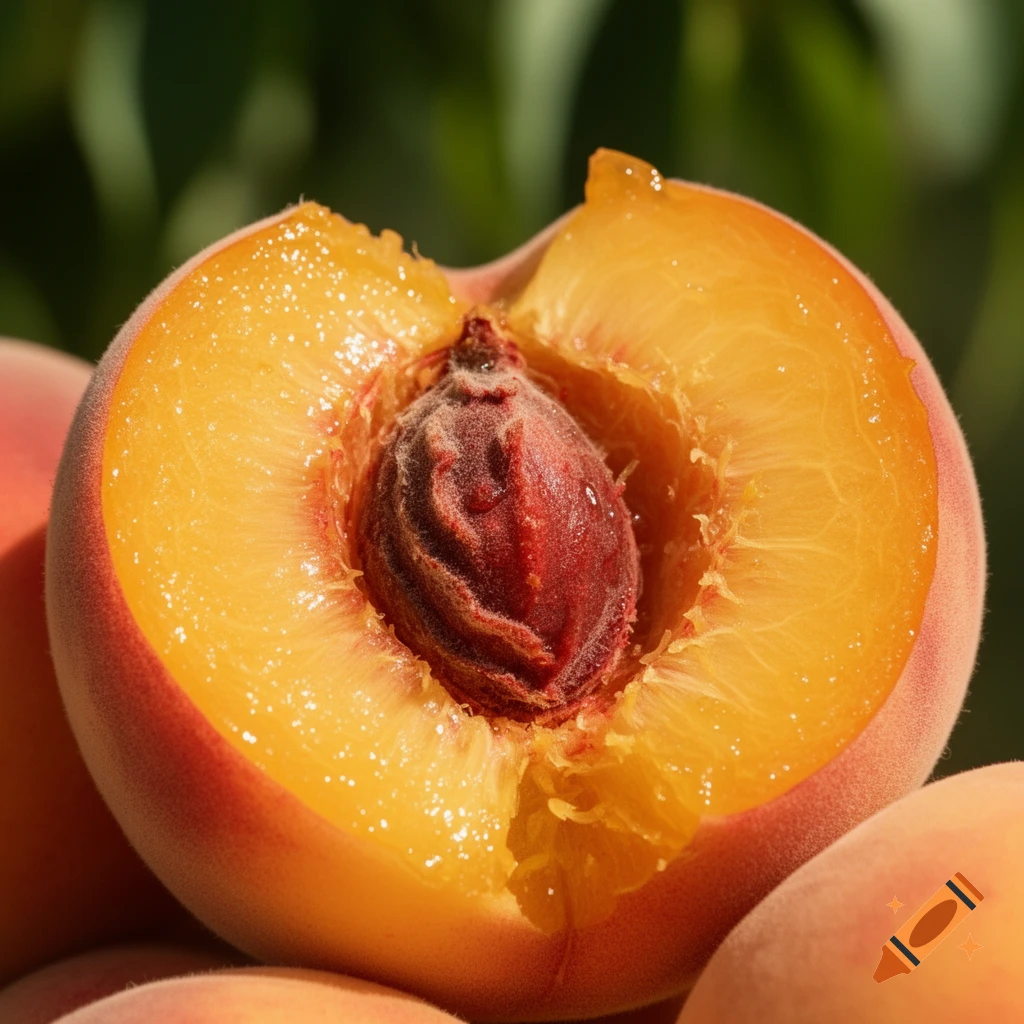 Close-up of a ripe peach cut in half, showing its juicy orange flesh and the textured pit against a blurred green background.