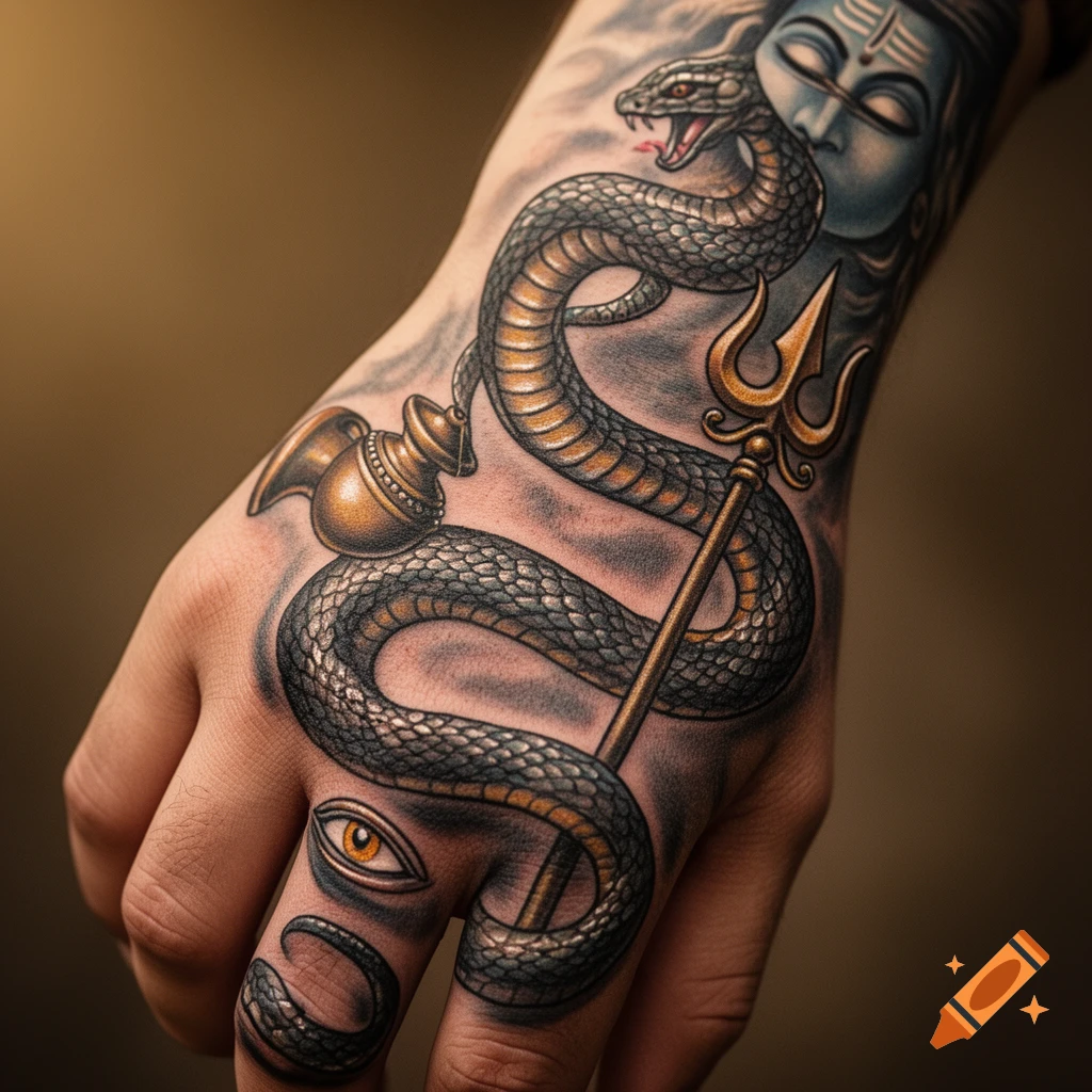 Detailed tattoo on a hand and forearm featuring a coiled snake, the blue face of Shiva, a golden trident, and an eye.