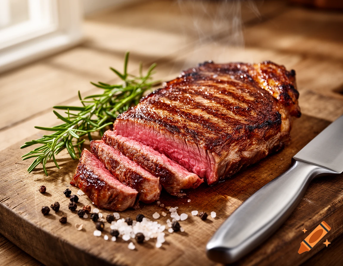 Photorealistic image of a sliced medium-rare steak with rosemary, salt, and pepper on a wooden cutting board, next to a knife.