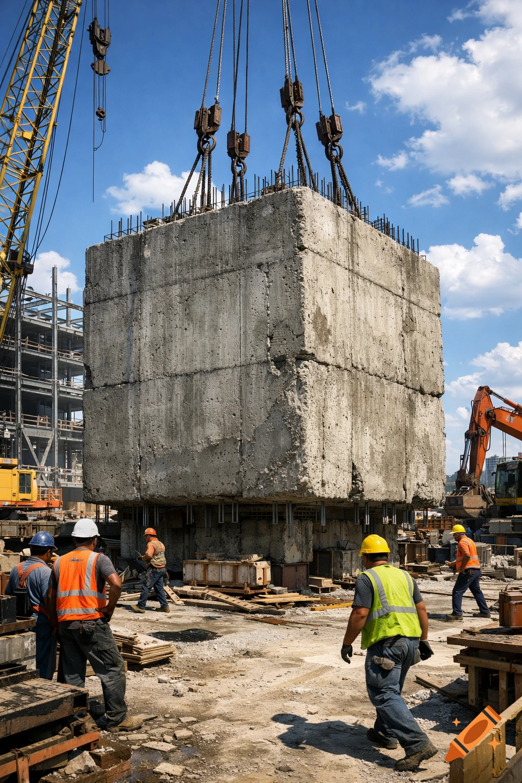 Construction workers on a sunny day oversee a large concrete block being lowered by a crane at a job site.