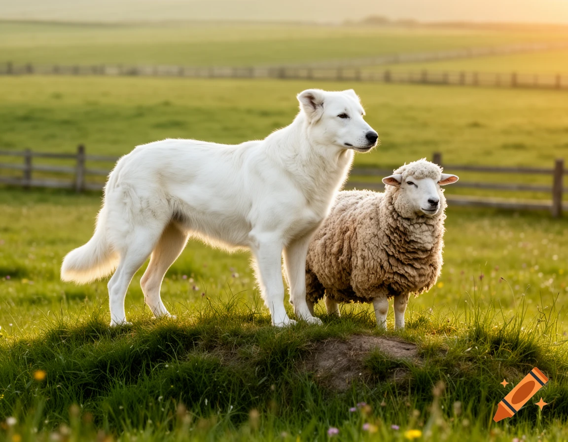 A large white Akbash dog stands next to a sheep in a sunlit green field with a wooden fence in the background.