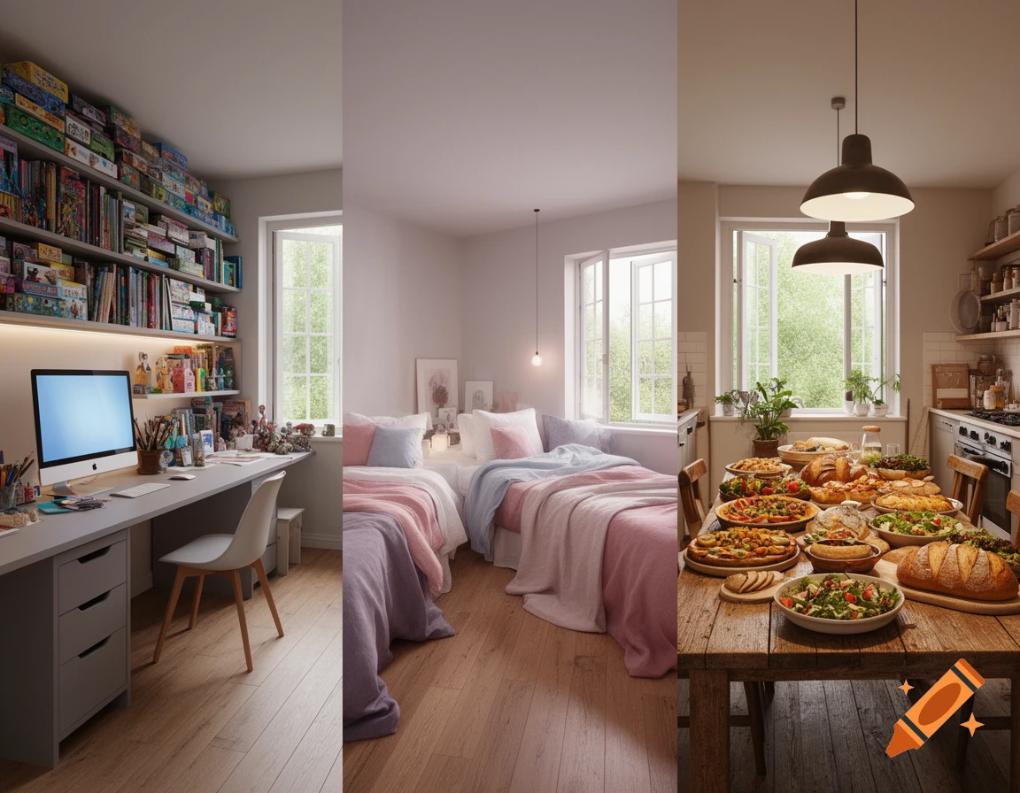 A triptych showing three interior rooms: a hobby room with a computer, a bedroom with two beds, and a kitchen with a table full of food.