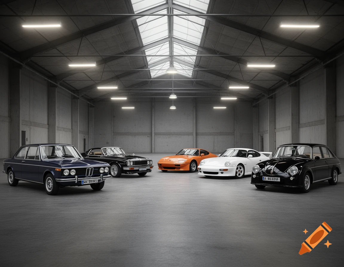 Five classic cars, including a blue BMW, black Datsun, orange Porsche, white Porsche, and black Volkswagen, parked in a spacious warehouse.