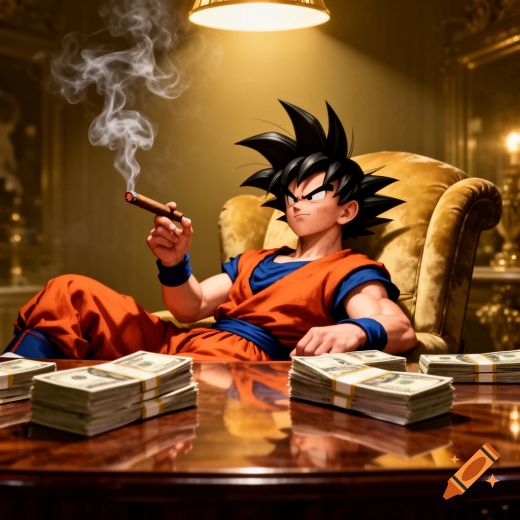 Goku from Dragon Ball smokes a cigar while sitting in a luxurious armchair, with stacks of money on the table.
