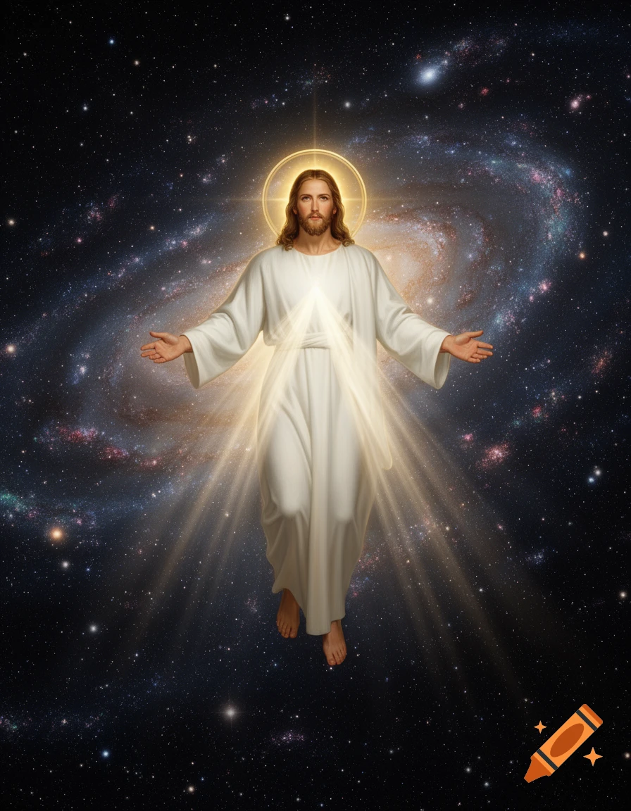 Jesus in a white robe floats with a glowing halo and outstretched arms in deep space, with a galaxy visible behind him.