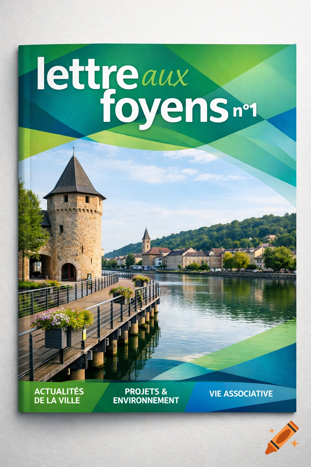 Modern magazine cover with green and blue design elements, featuring a scenic riverfront with a stone tower, a town, and green hills.