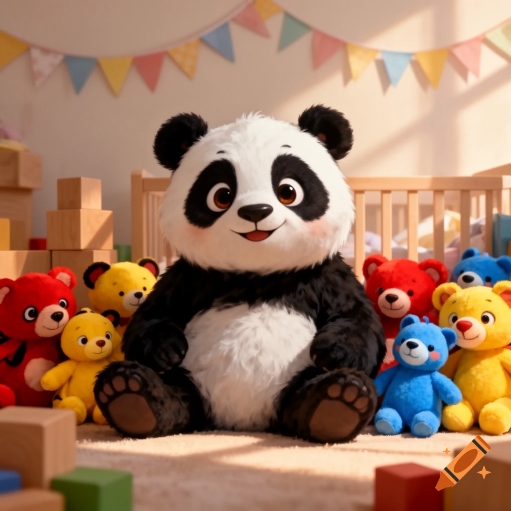 A large panda plushie sits on a rug, surrounded by smaller colorful bear plushies in a child's nursery with blocks.