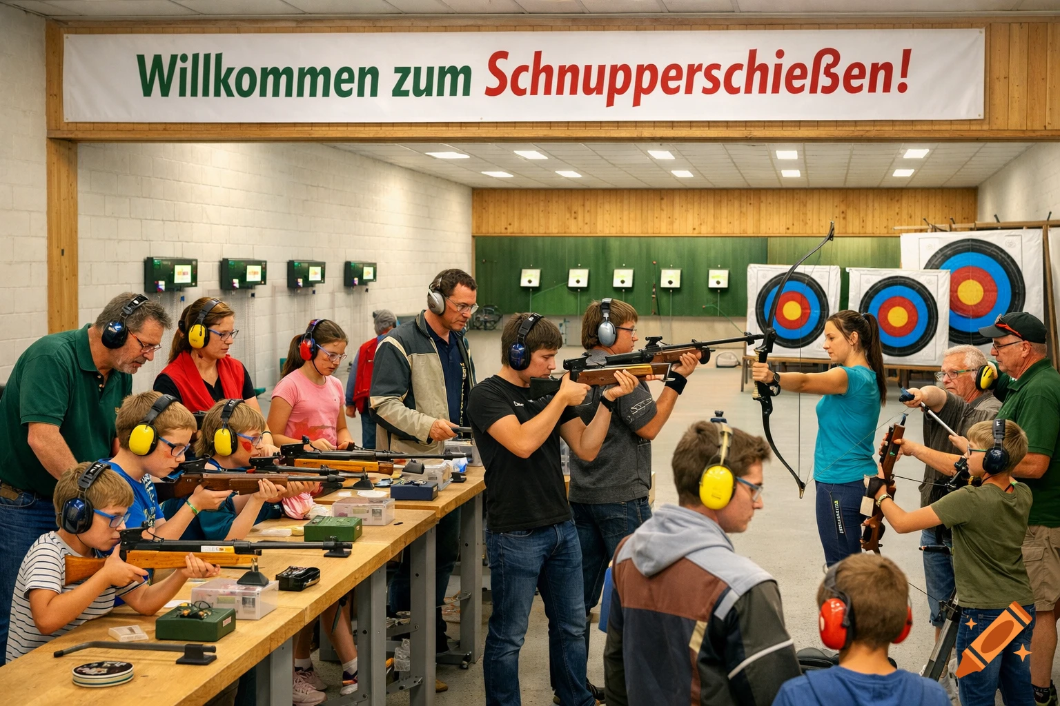 People of all ages with hearing protection at an indoor shooting range, practicing with rifles and bows. Banner welcomes 'Schnupperschießen'.