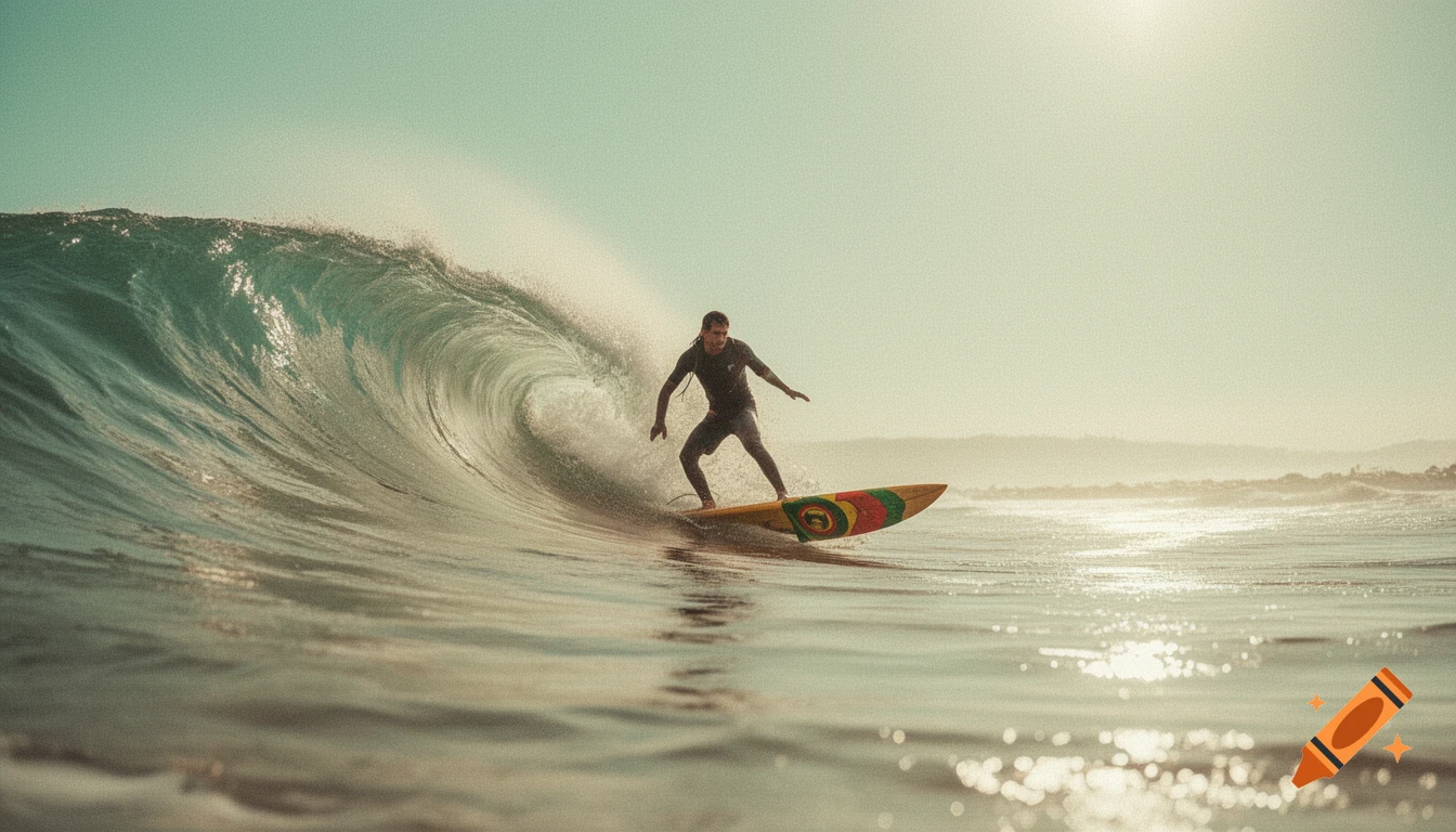 A lone surfer in a wetsuit rides a large wave on a colorful surfboard, captured in a sun-bleached, grainy style.