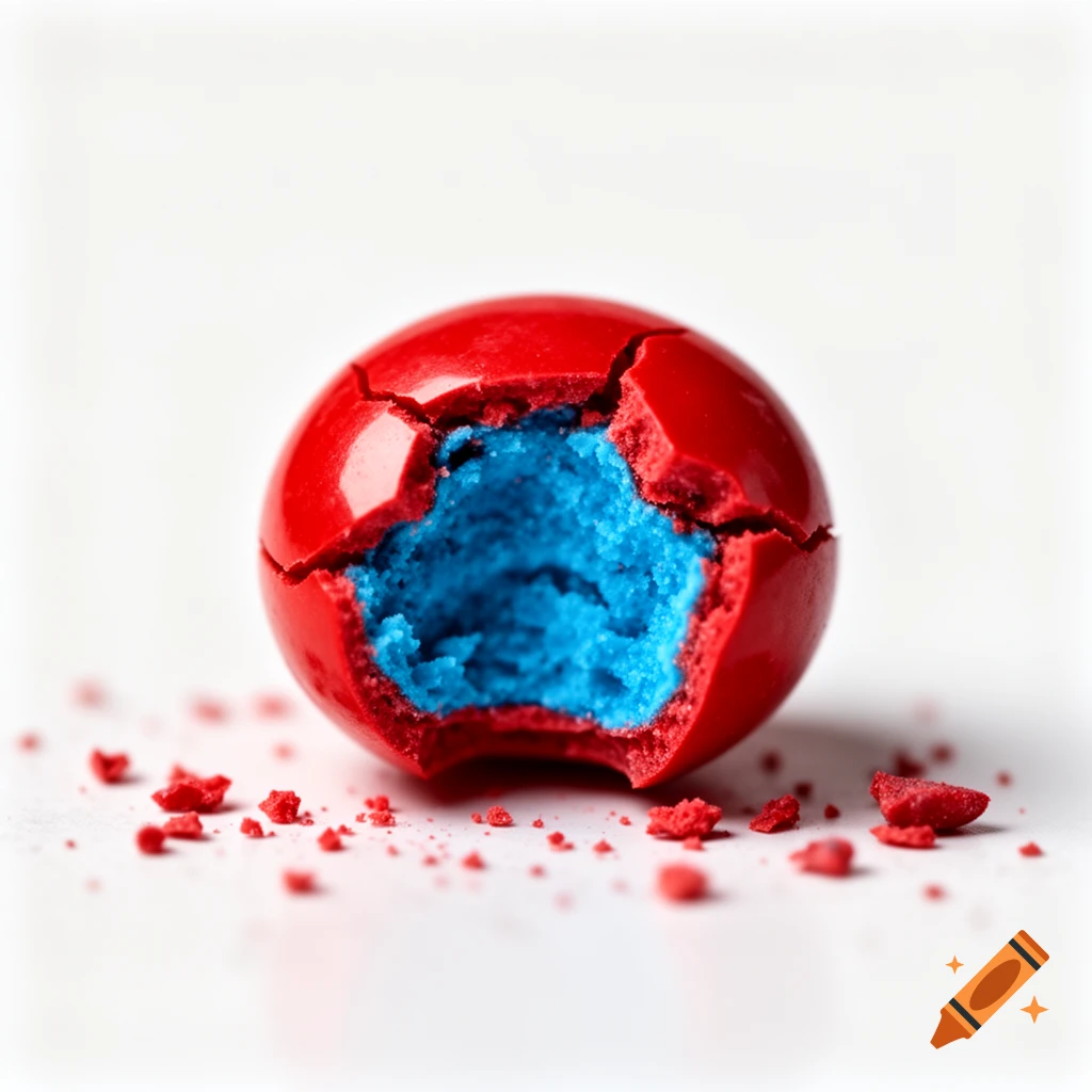 Close-up of a bitten red candy revealing a vibrant blue, crumbly interior, with red crumbs scattered around on a white surface.
